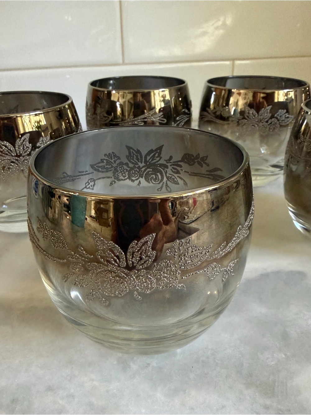 Decorative Silver Floral Glass Votive Holders – Set of 6